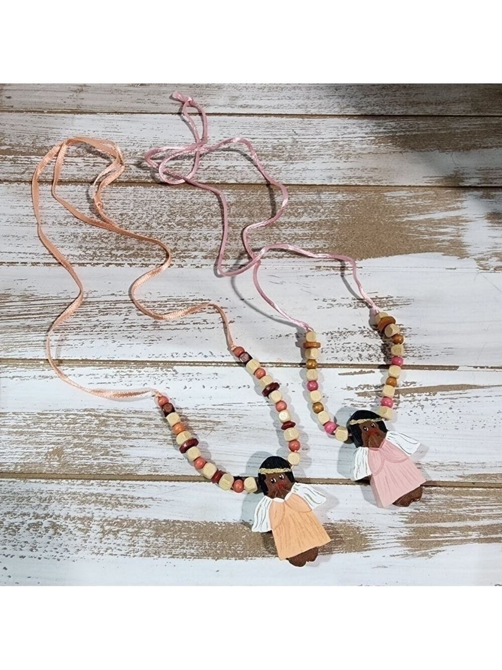 Handmade Handpainted praying Angel Holiday Christmas wood beaded necklace signed